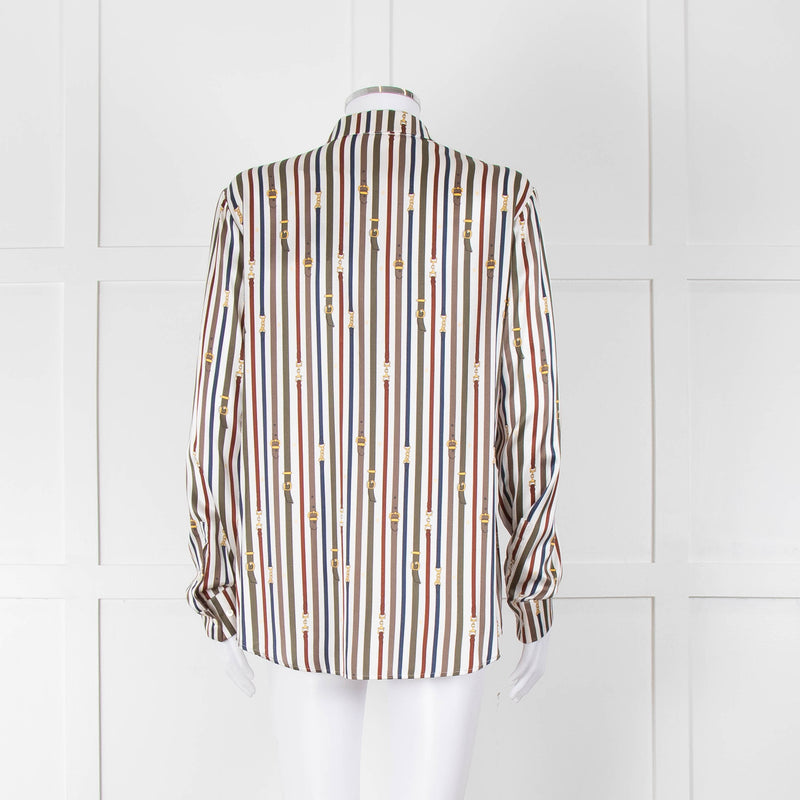 Van Laack Cream Khaki Teal Belt Stripe Print Silk Shirt
