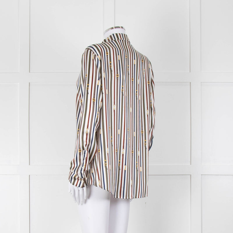 Van Laack Cream Khaki Teal Belt Stripe Print Silk Shirt