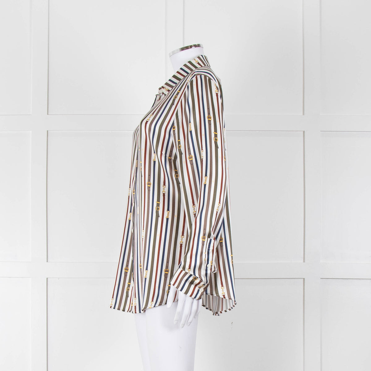 Van Laack Cream Khaki Teal Belt Stripe Print Silk Shirt