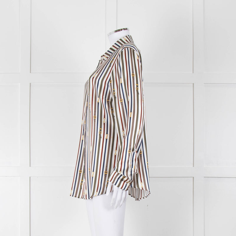 Van Laack Cream Khaki Teal Belt Stripe Print Silk Shirt