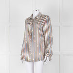 Van Laack Cream Khaki Teal Belt Stripe Print Silk Shirt