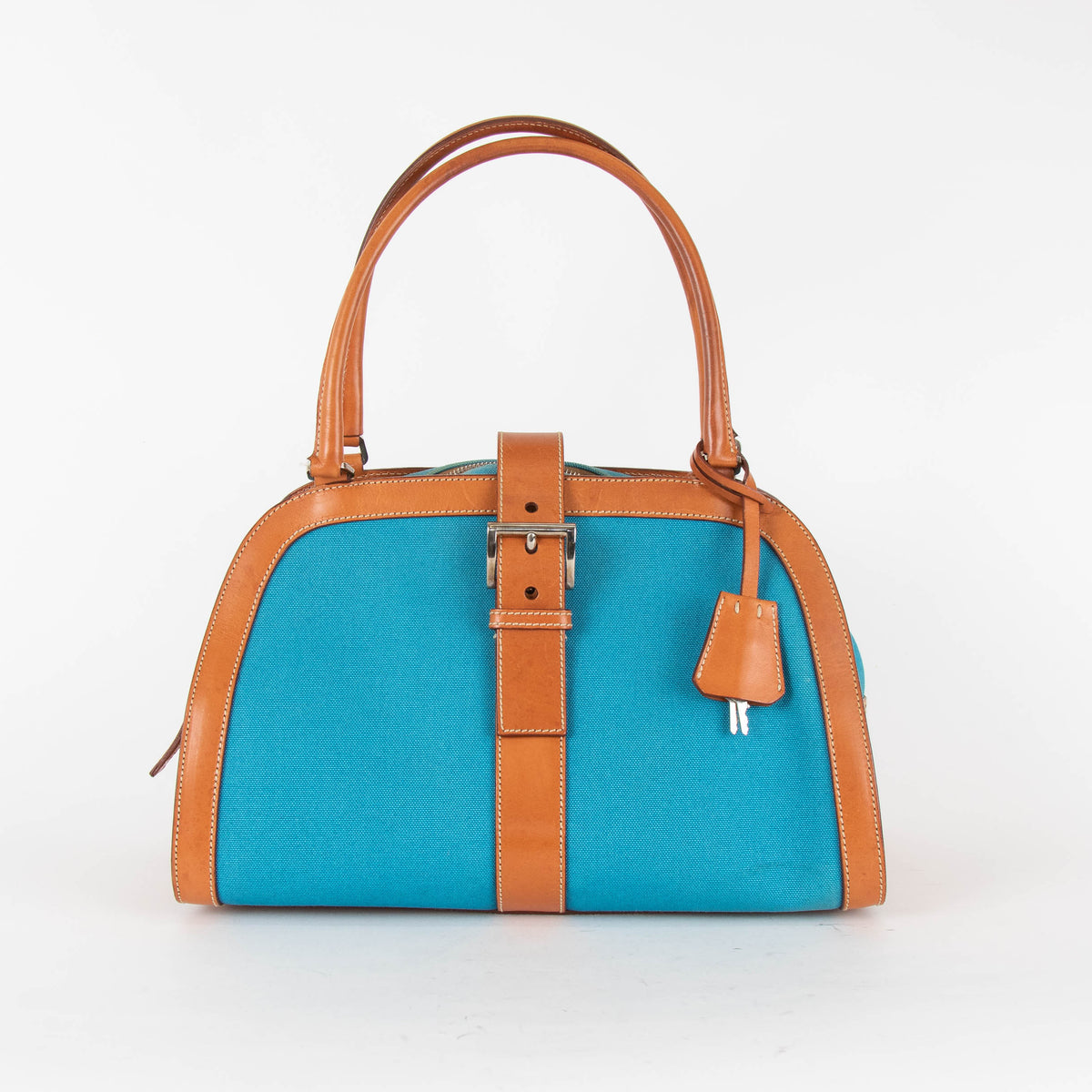 Prada Blue Canvas Tan Leather Trim Shoulder Bag