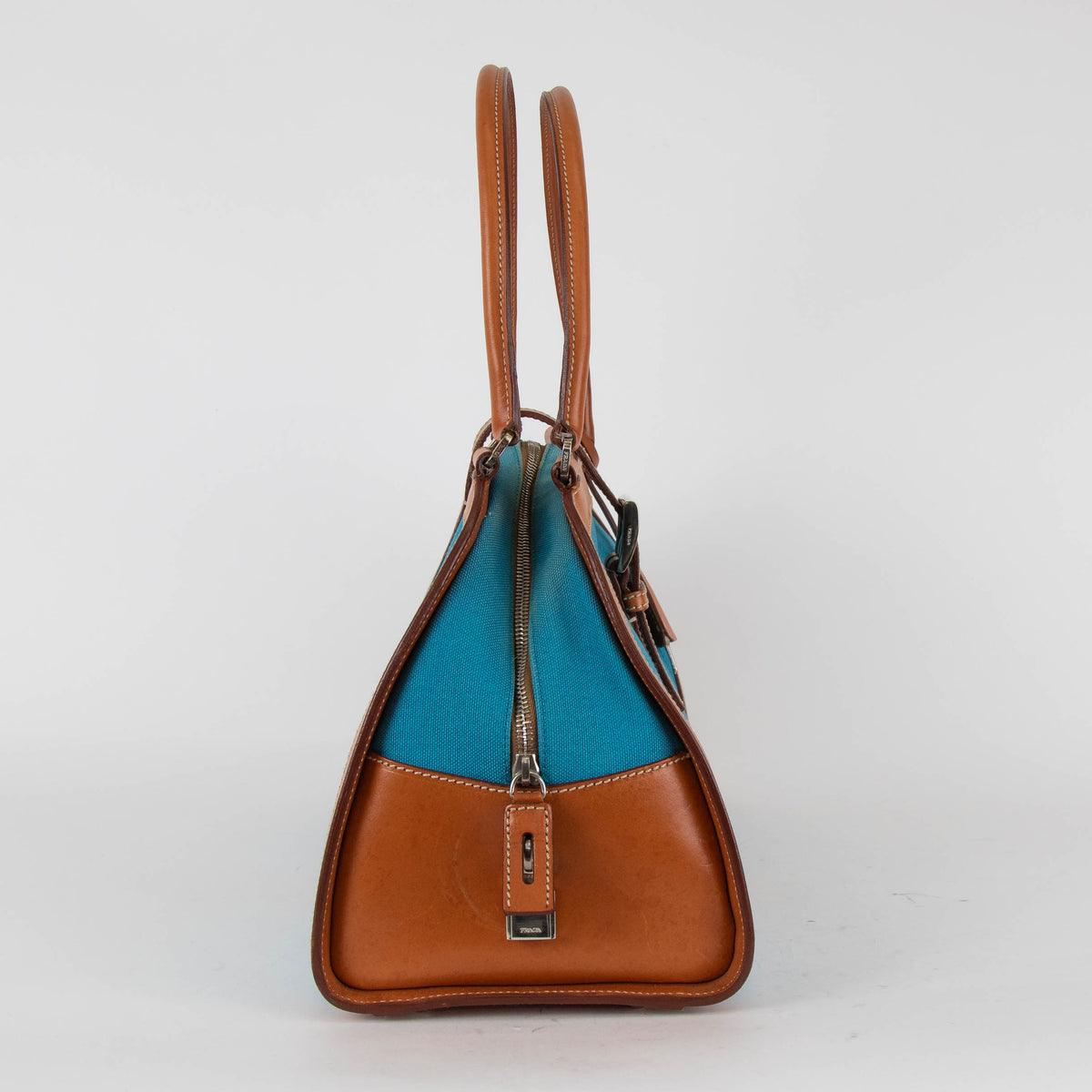 Prada Blue Canvas Tan Leather Trim Shoulder Bag