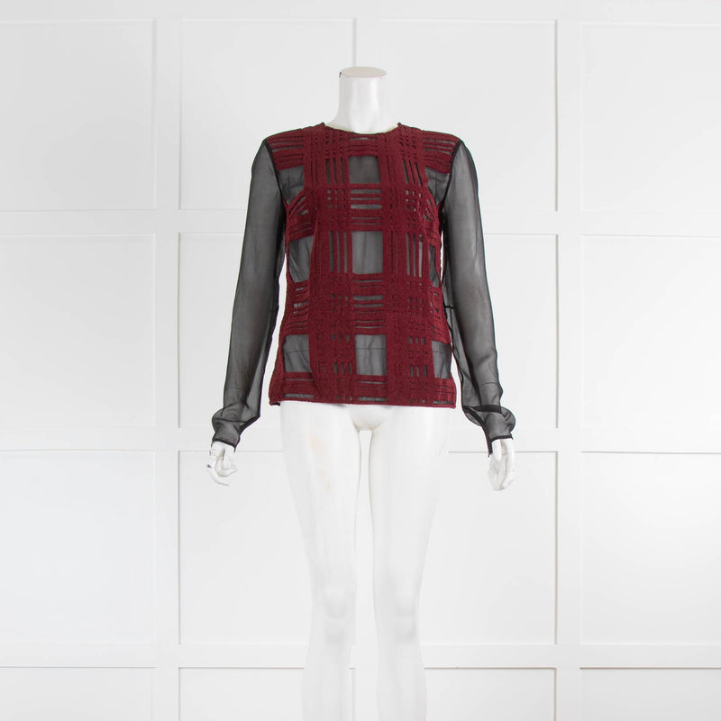 Mary Katrantzou Black Silk Top with Raised Burgundy Check