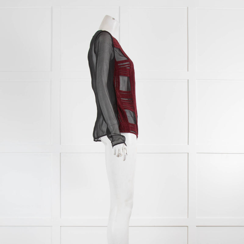 Mary Katrantzou Black Silk Top with Raised Burgundy Check