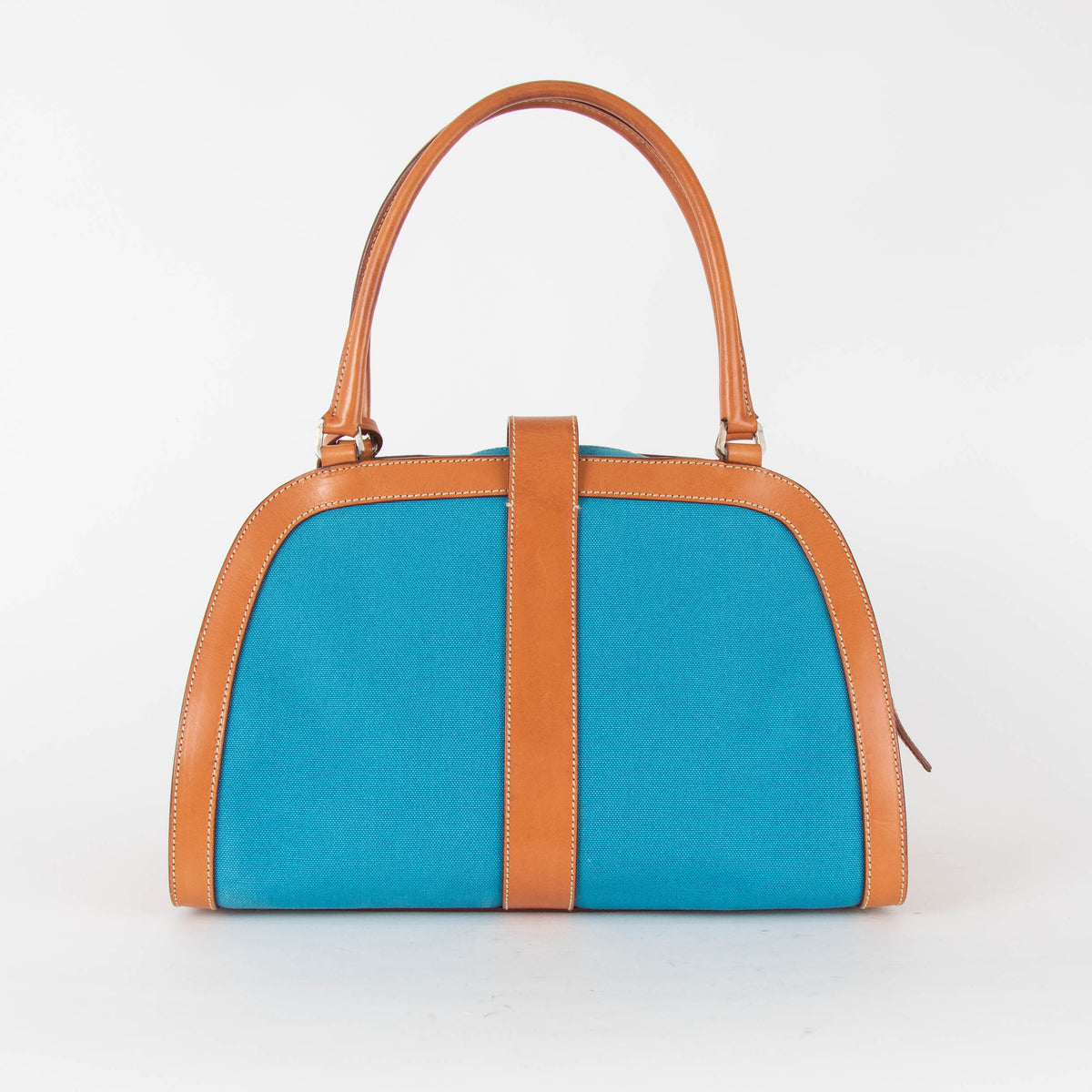 Prada Blue Canvas Tan Leather Trim Shoulder Bag