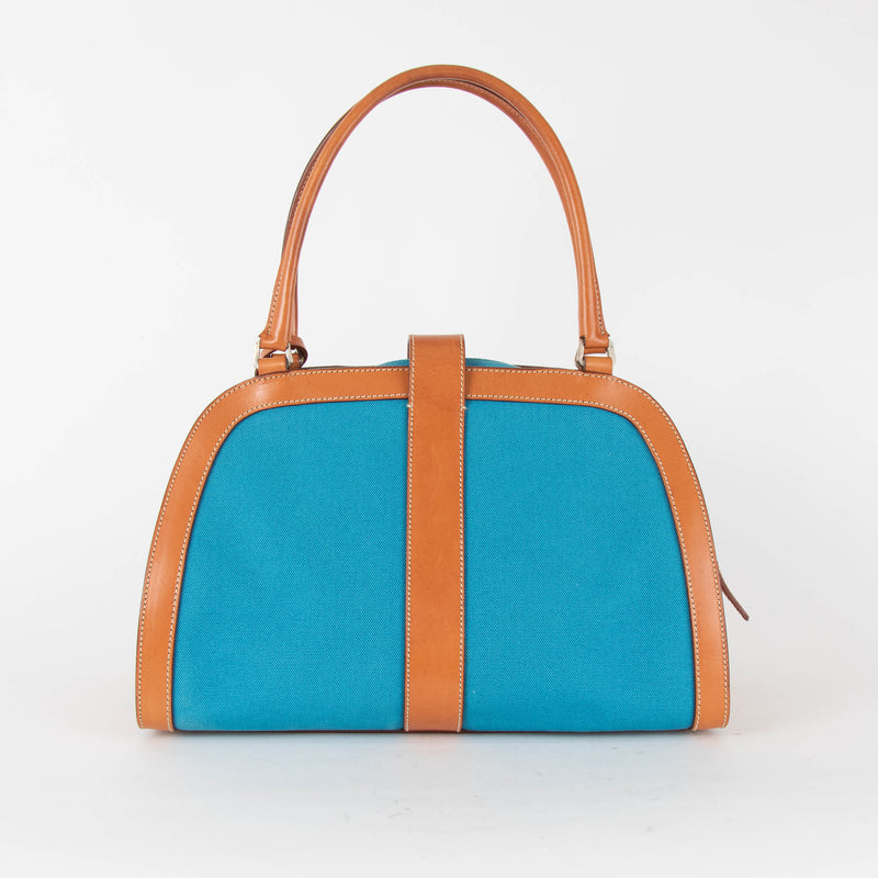Prada Blue Canvas Tan Leather Trim Shoulder Bag
