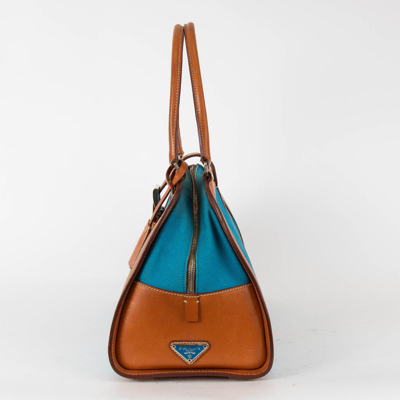 Prada Blue Canvas Tan Leather Trim Shoulder Bag