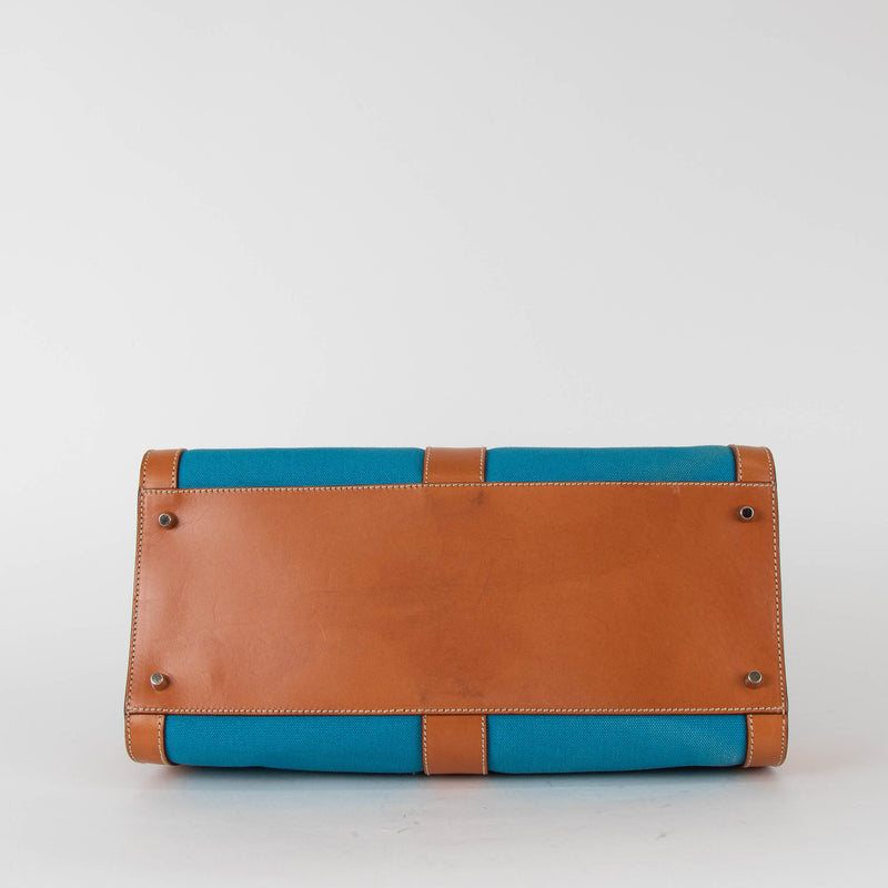 Prada Blue Canvas Tan Leather Trim Shoulder Bag