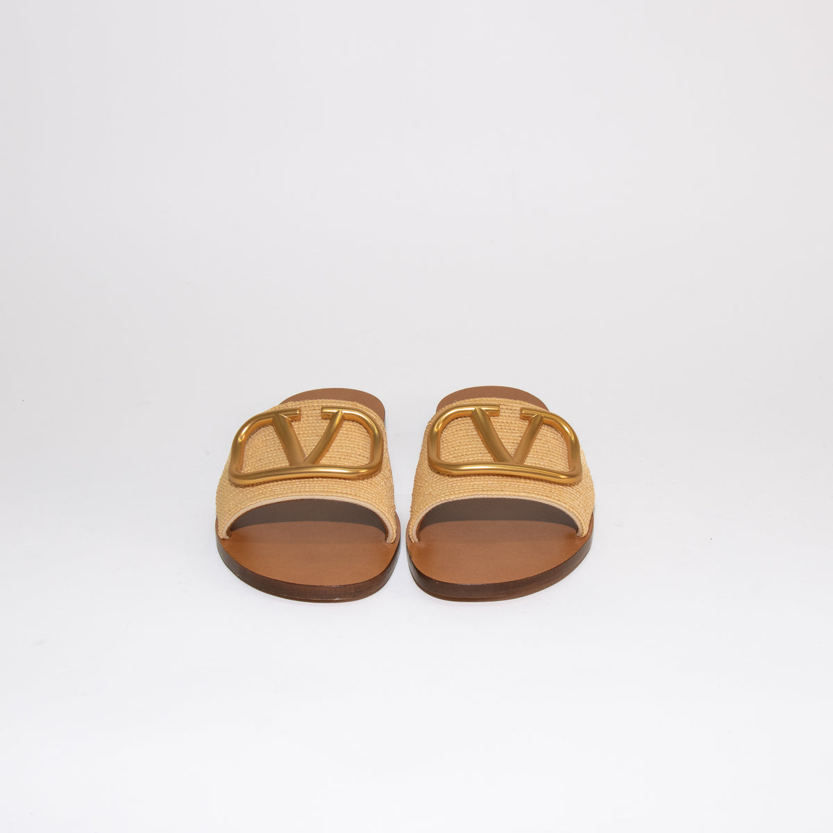 Valentino Beige Raffia Gold V Flat Slides