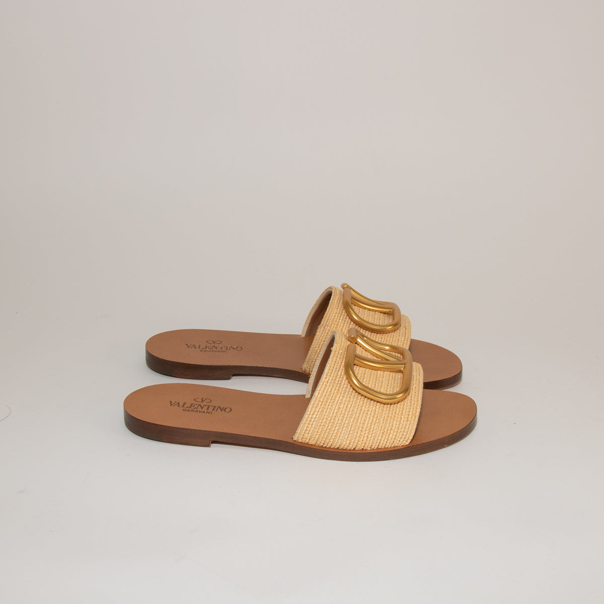 Valentino Beige Raffia Gold V Flat Slides