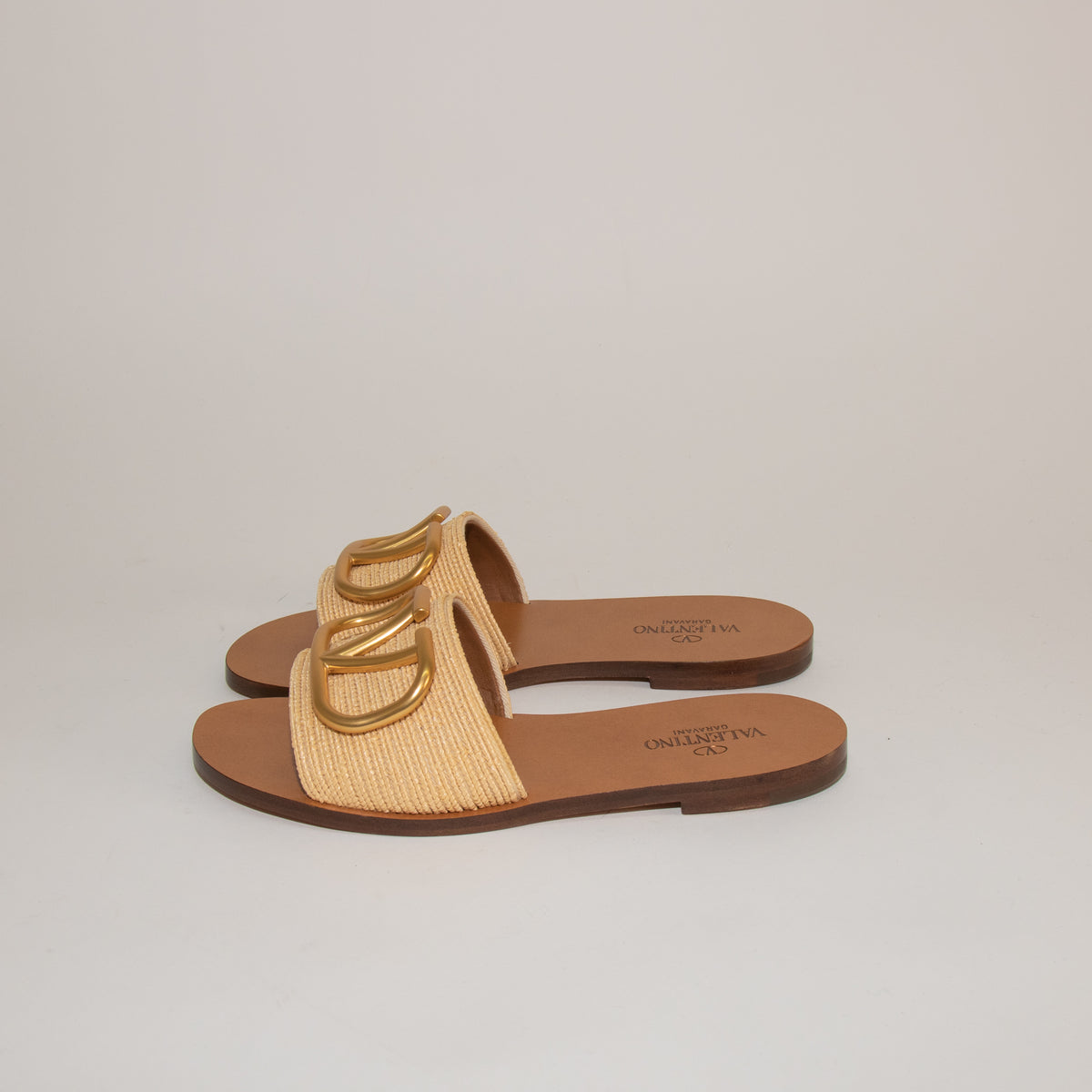Valentino Beige Raffia Gold V Flat Slides