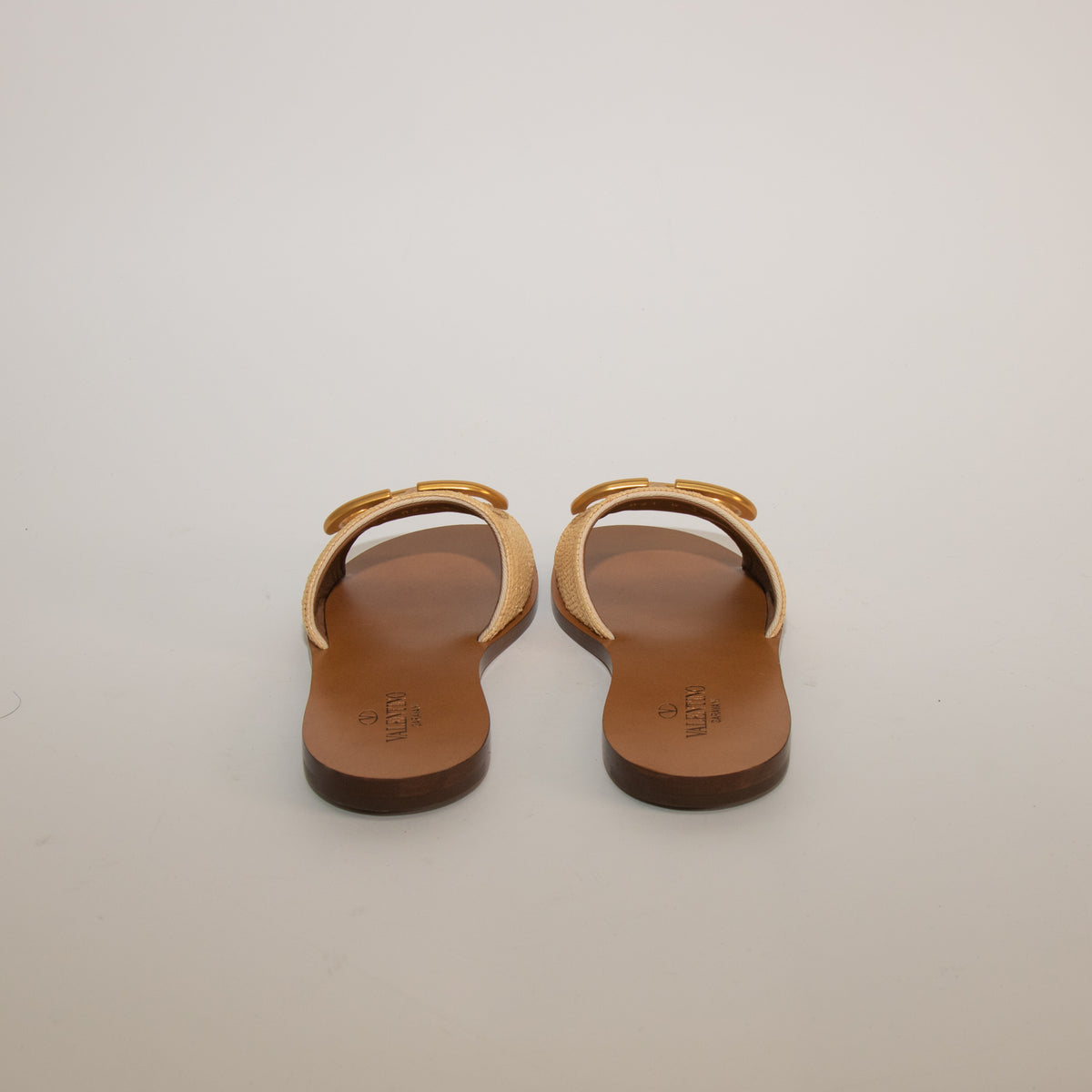 Valentino Beige Raffia Gold V Flat Slides