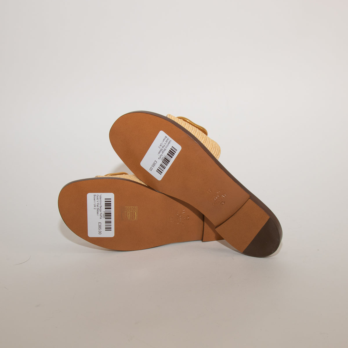 Valentino Beige Raffia Gold V Flat Slides