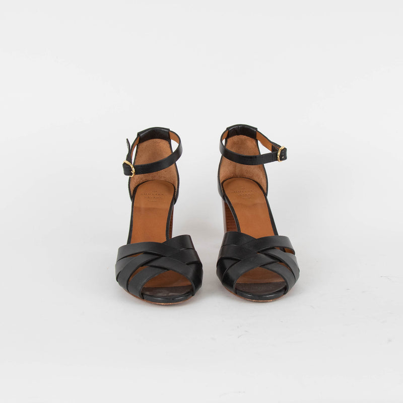 Sezane Black Leather Marianne Heeled Sandals