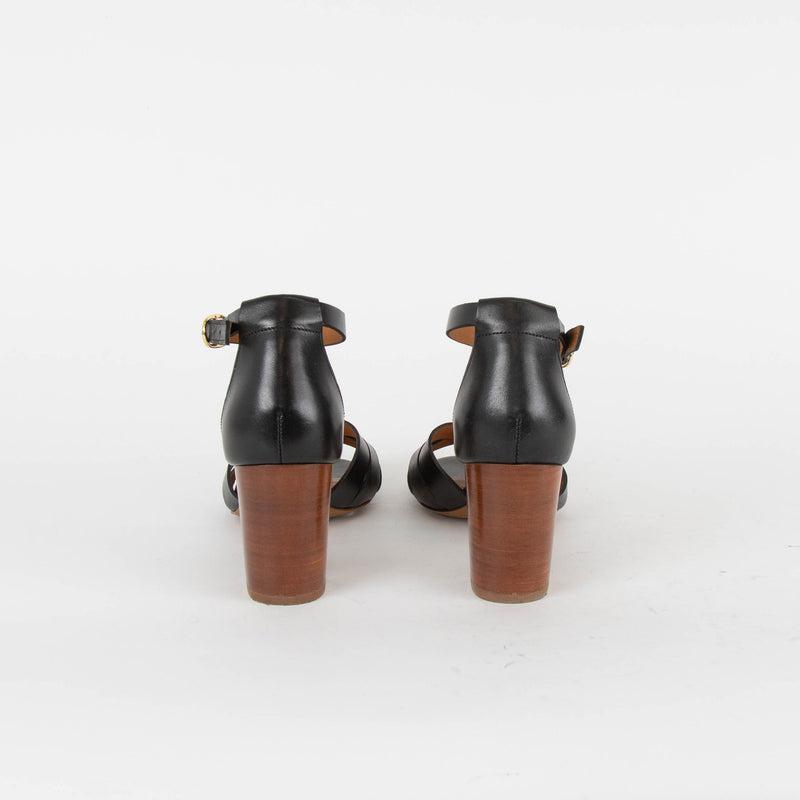 Sezane Black Leather Marianne Heeled Sandals