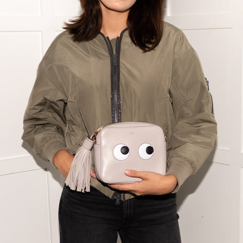 Anya Hindmarch Mini Grey Eyes Crossbody With Gold Chain