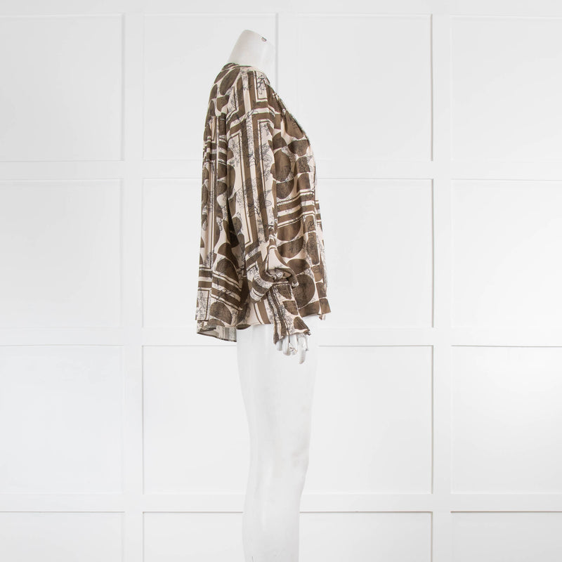 Mos Mosh Sage Green Abstract Print Tie Neck Blouse