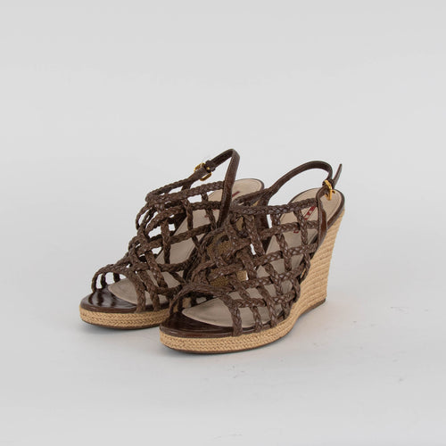 Prada Sport Brown Woven Leather Wedge Espadrilles