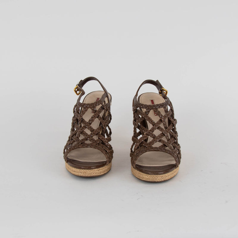 Prada Sport Brown Woven Leather Wedge Espadrilles