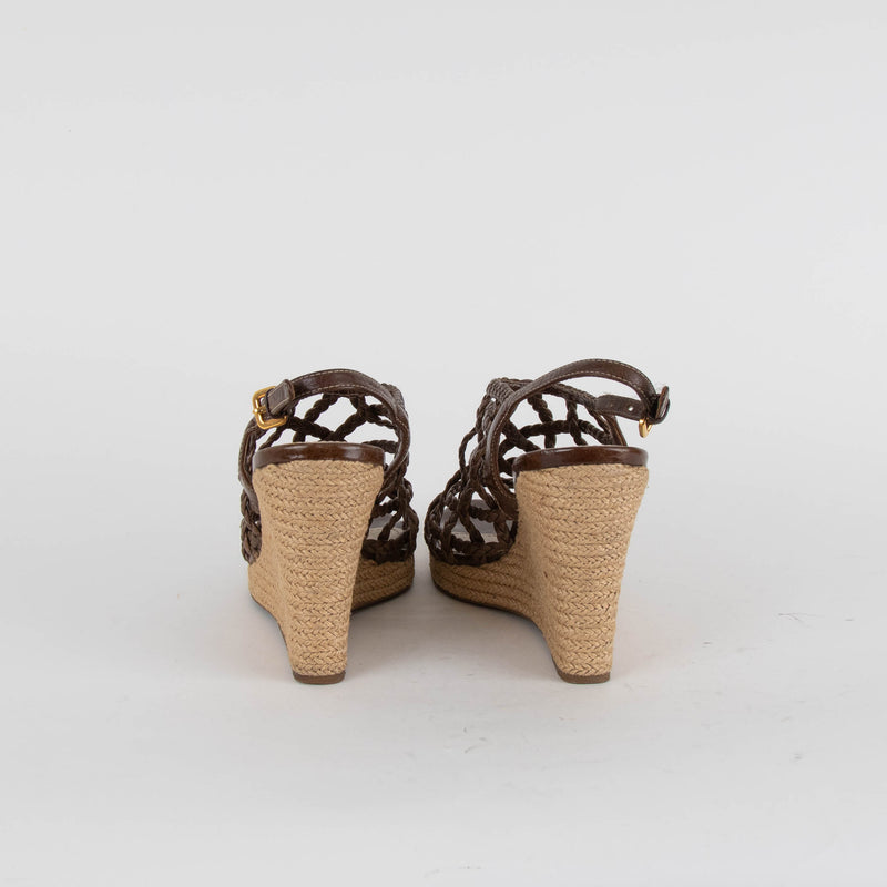 Prada Sport Brown Woven Leather Wedge Espadrilles
