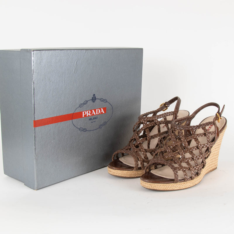 Prada Sport Brown Woven Leather Wedge Espadrilles