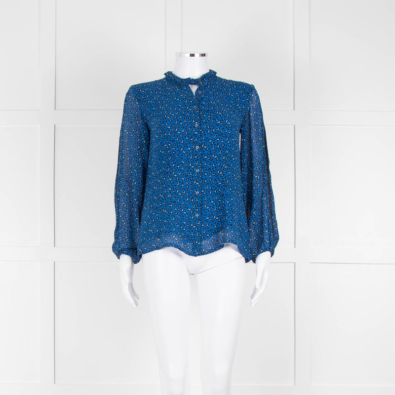 Brora Blue Animal Print Long Sleeve Black Lace Detail Shirt