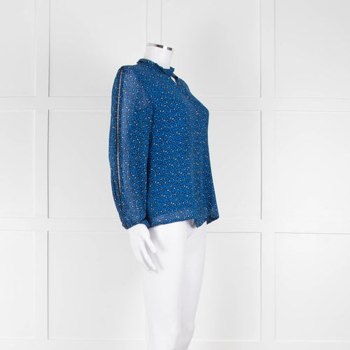 Brora Blue Animal Print Long Sleeve Black Lace Detail Shirt