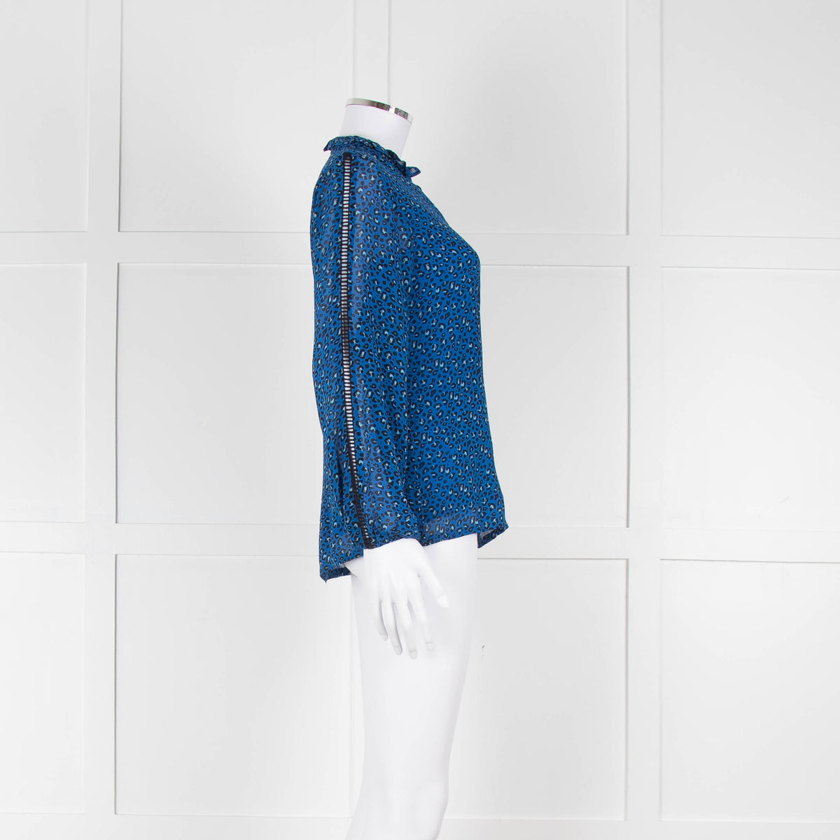 Brora Blue Animal Print Long Sleeve Black Lace Detail Shirt