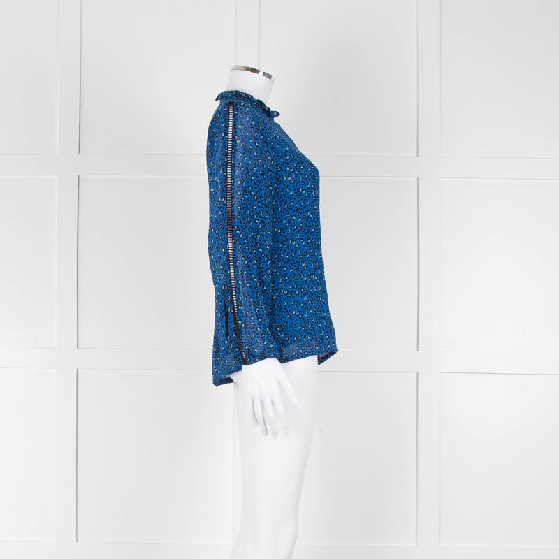 Brora Blue Animal Print Long Sleeve Black Lace Detail Shirt
