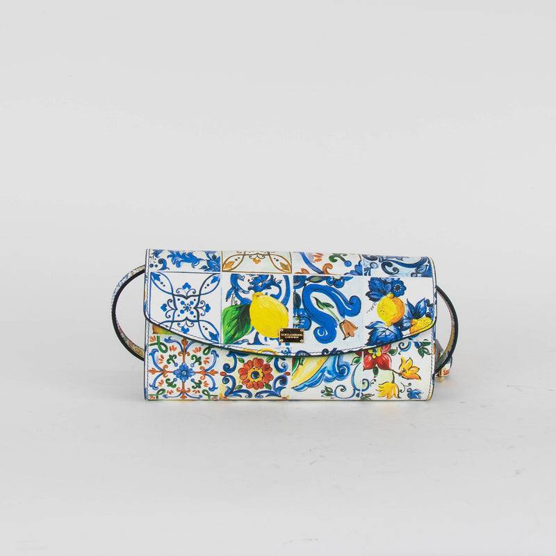 Dolce & Gabbana White Blue Yellow Sicily Print Clutch Bag With Strap