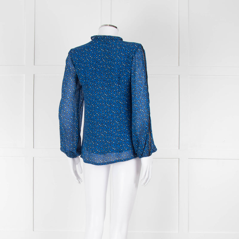 Brora Blue Animal Print Long Sleeve Black Lace Detail Shirt