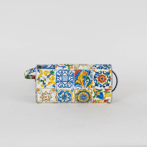 Dolce & Gabbana White Blue Yellow Sicily Print Clutch Bag With Strap