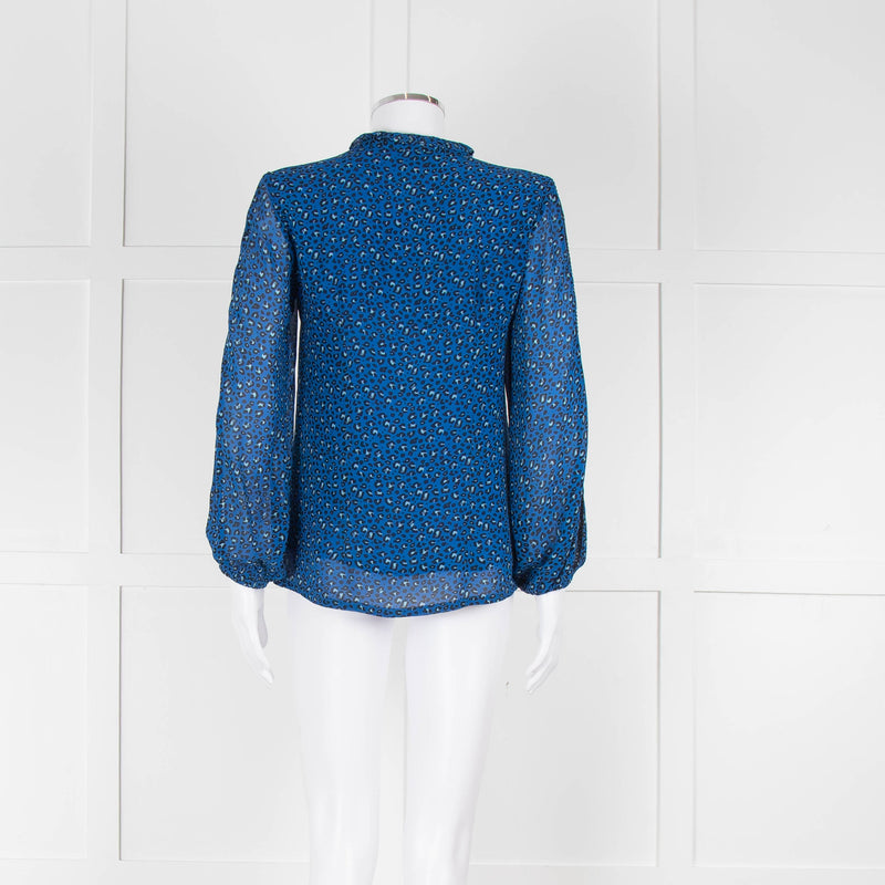 Brora Blue Animal Print Long Sleeve Black Lace Detail Shirt