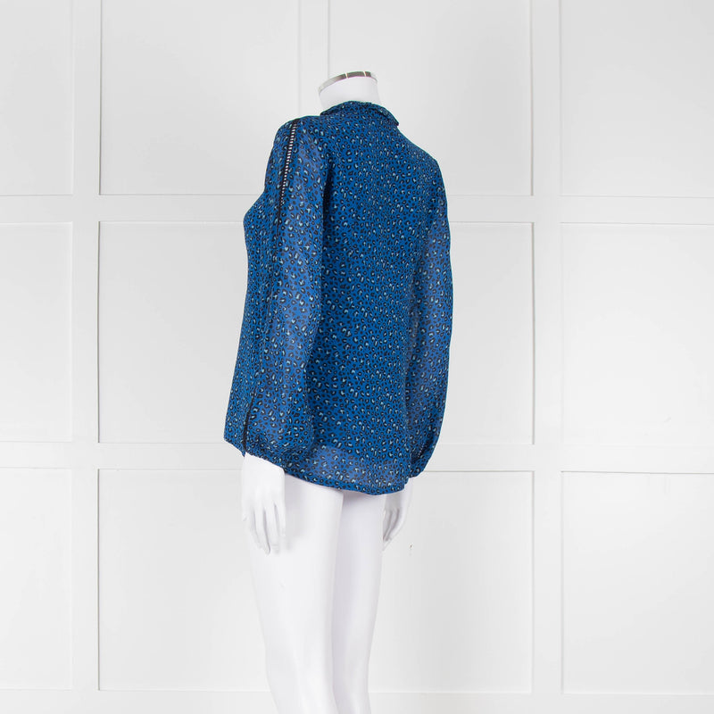 Brora Blue Animal Print Long Sleeve Black Lace Detail Shirt