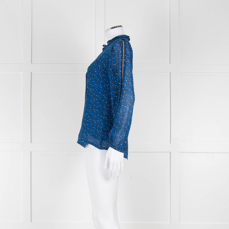 Brora Blue Animal Print Long Sleeve Black Lace Detail Shirt