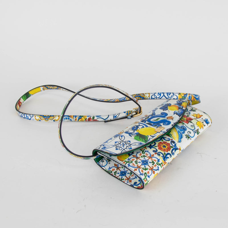 Dolce & Gabbana White Blue Yellow Sicily Print Clutch Bag With Strap