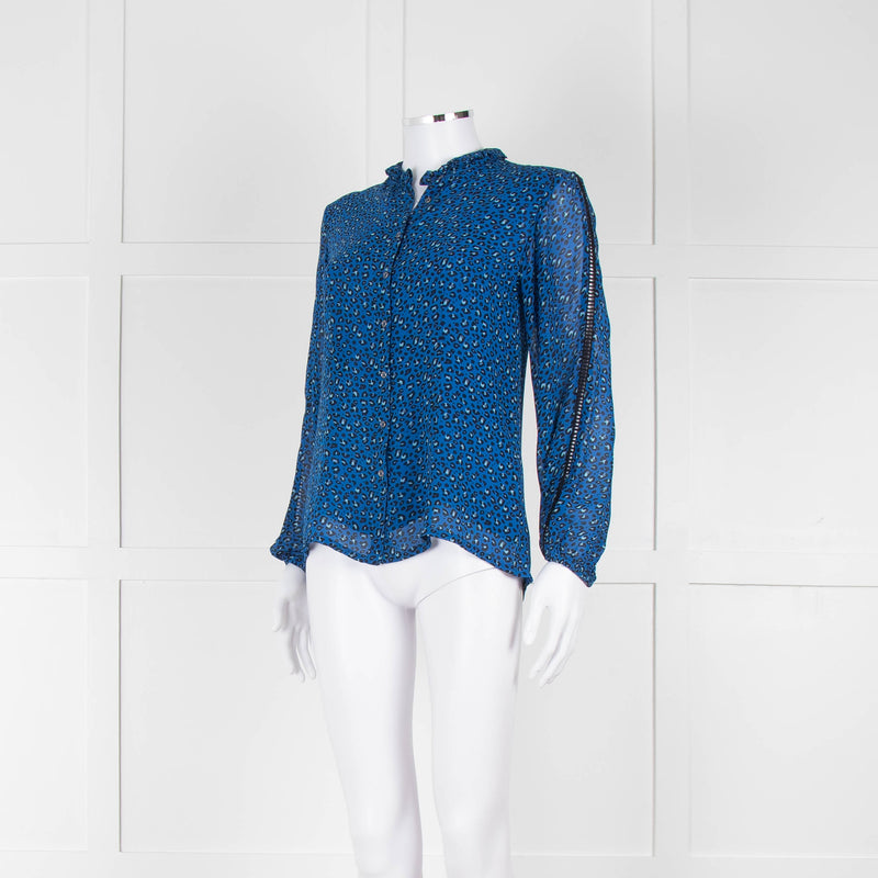 Brora Blue Animal Print Long Sleeve Black Lace Detail Shirt