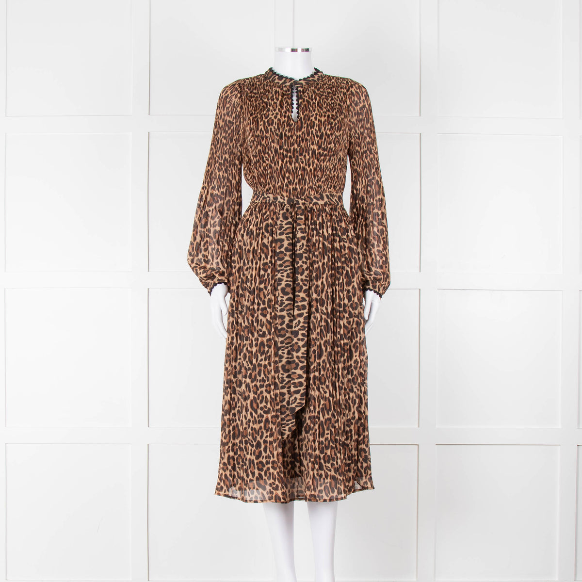 Wyse Brown Animal Print Pleated Long Sleeve Dress