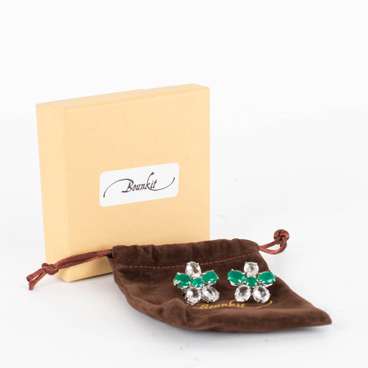 Bounkit Silver Green Glass Bead Earrings