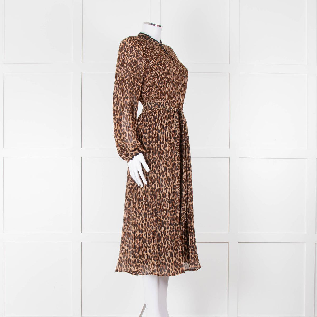 Wyse Brown Animal Print Pleated Long Sleeve Dress