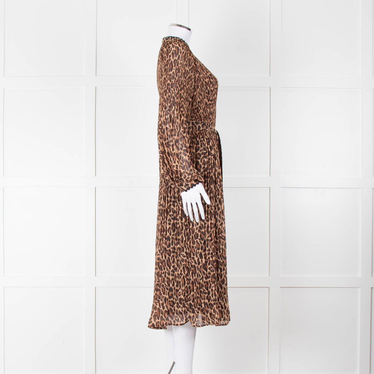 Wyse Brown Animal Print Pleated Long Sleeve Dress