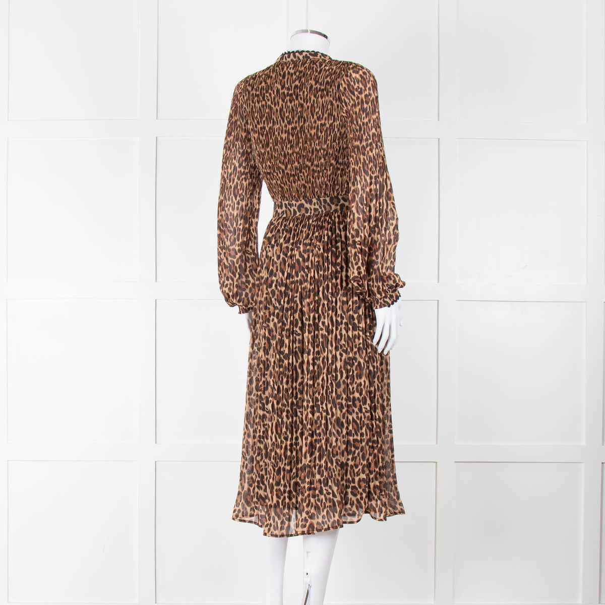 Wyse Brown Animal Print Pleated Long Sleeve Dress