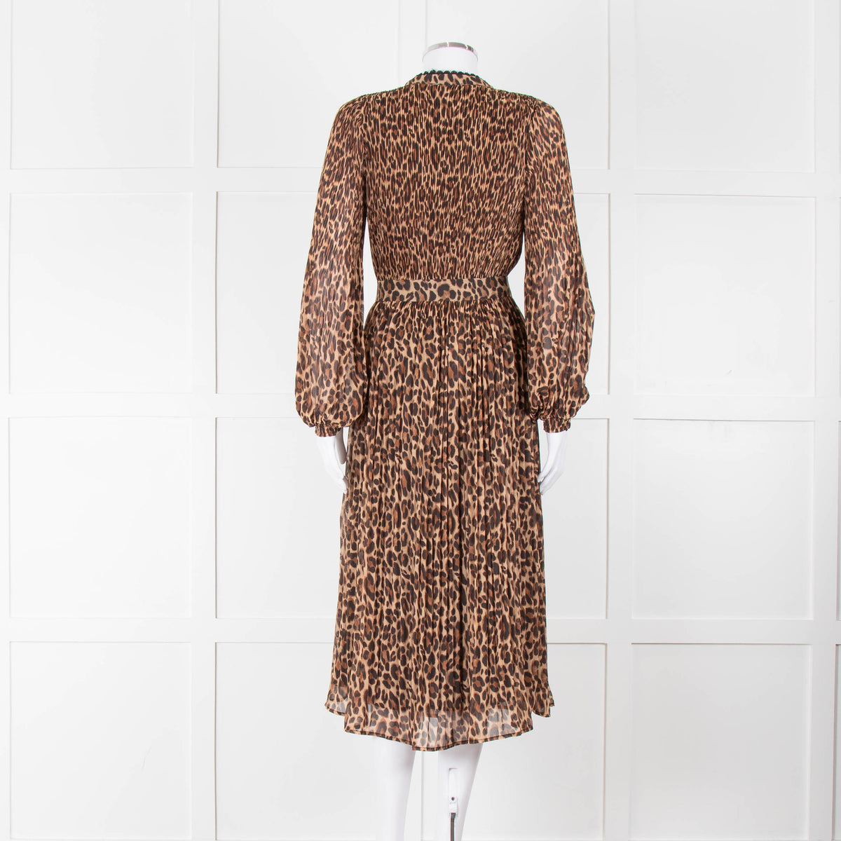 Wyse Brown Animal Print Pleated Long Sleeve Dress