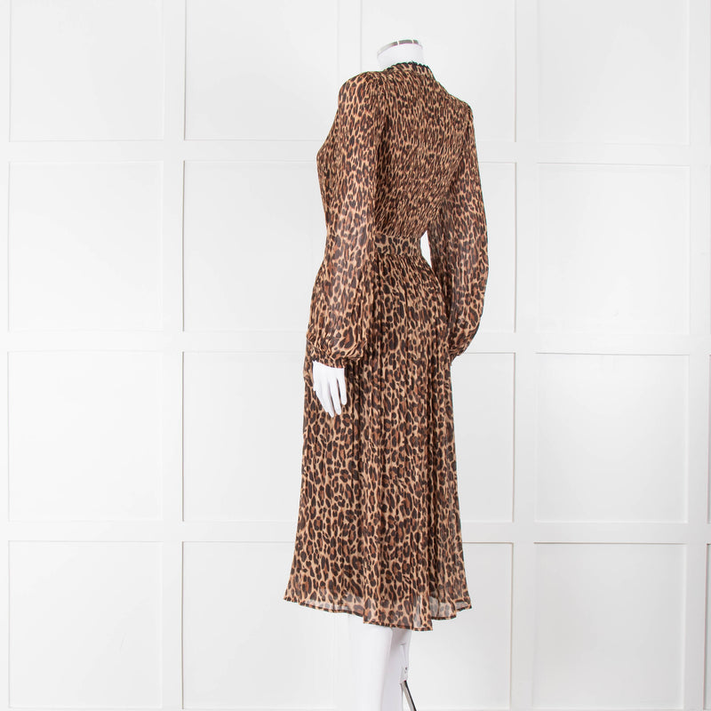 Wyse Brown Animal Print Pleated Long Sleeve Dress
