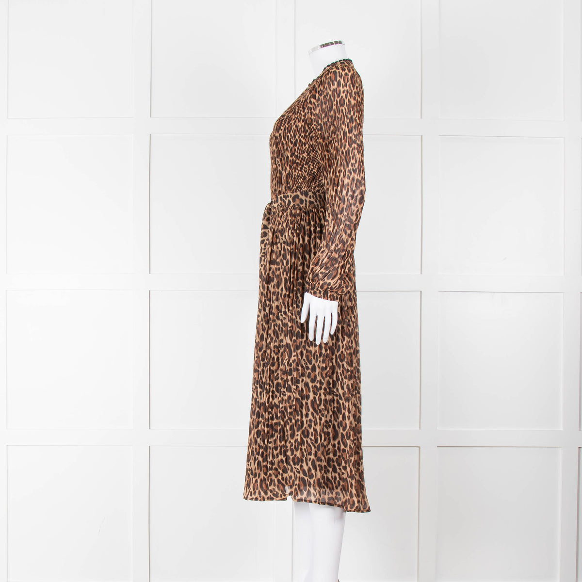 Wyse Brown Animal Print Pleated Long Sleeve Dress