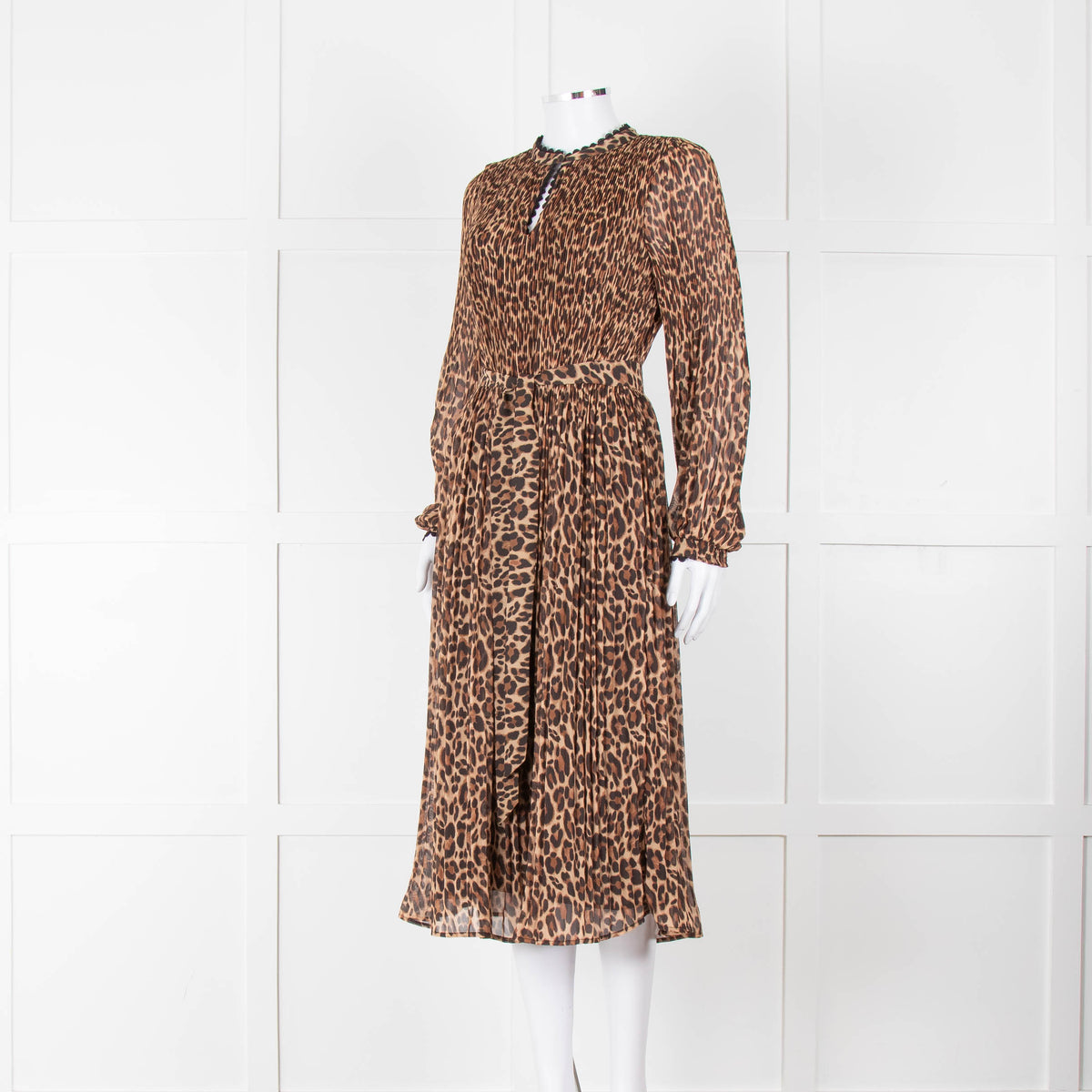 Wyse Brown Animal Print Pleated Long Sleeve Dress