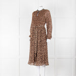Wyse Brown Animal Print Pleated Long Sleeve Dress