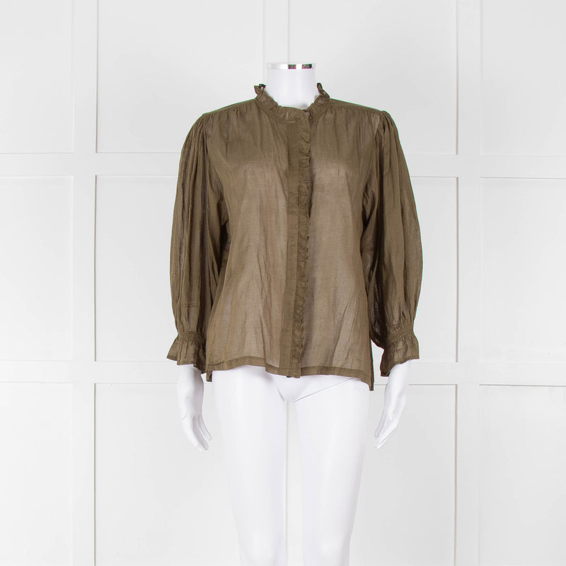 Iris Khaki Cotton Frill Trim Sheer Blouse