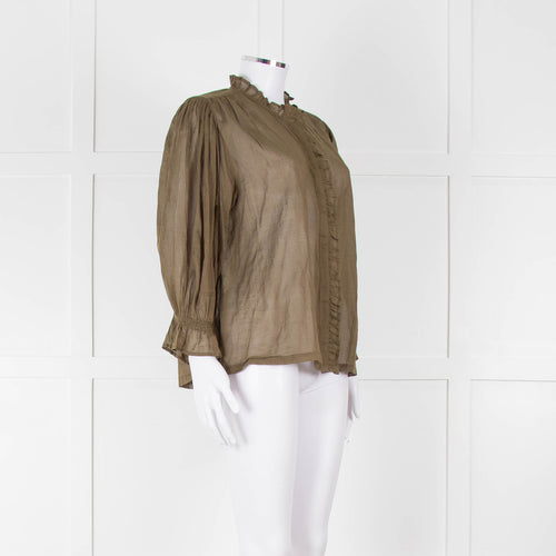 Iris Khaki Cotton Frill Trim Sheer Blouse